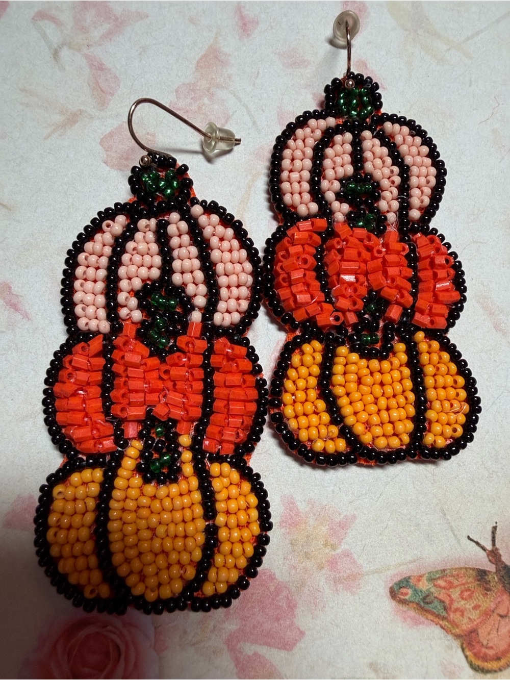 Beaded Pumpkin Drop Earrings - Orange, Red & Pink